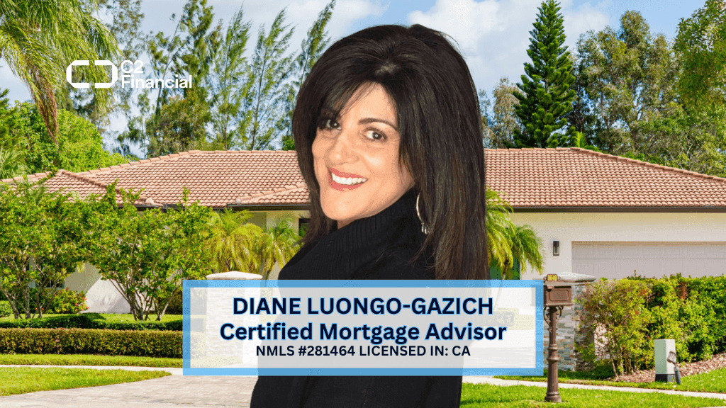 Woman smiling in front of a suburban house with a mortgage advisor label.