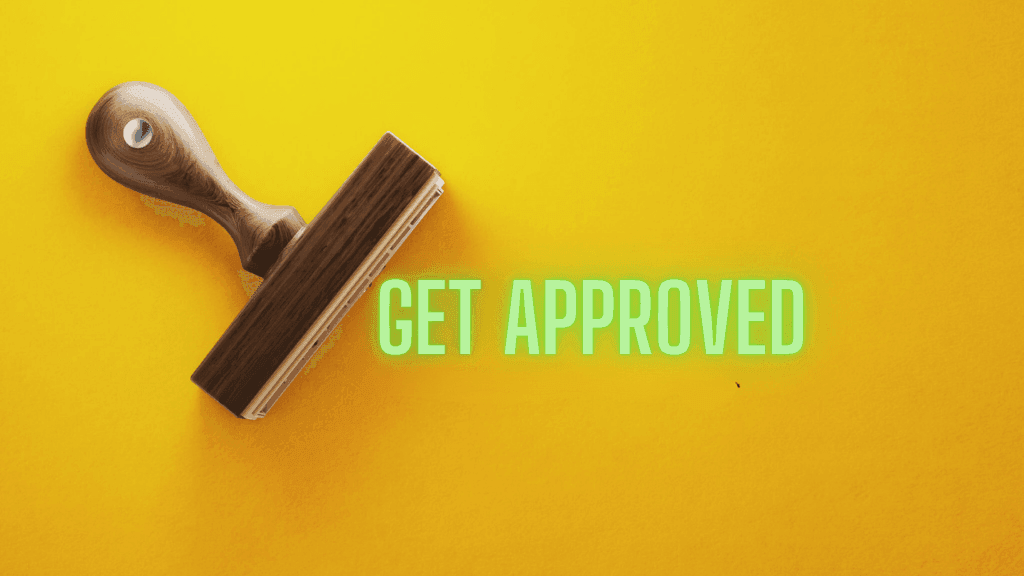 Wooden stamp next to 'Get Approved' text on a yellow background.