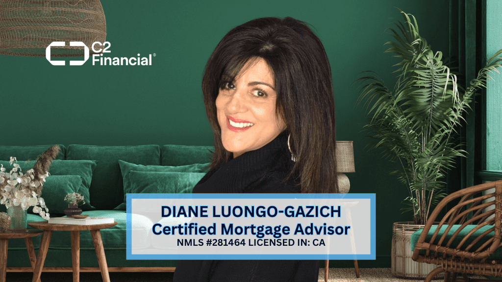 Woman smiling in a green room with C2 Financial logo and text about certified mortgage advisor license.