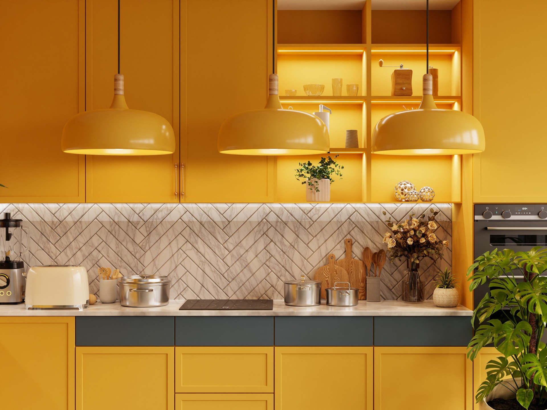 Yellow kitchen room and minimalist interior design on mockup wood slat wall- 3D rendering