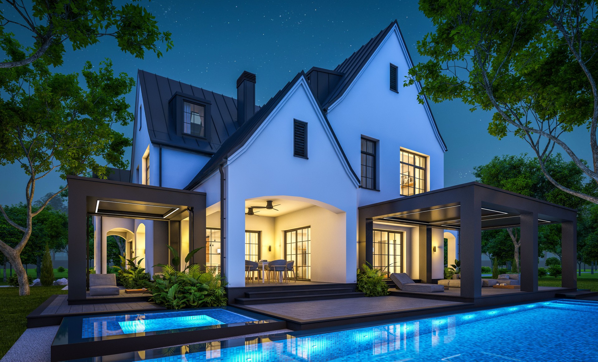 3d rendering of white and black modern Tudor house in night