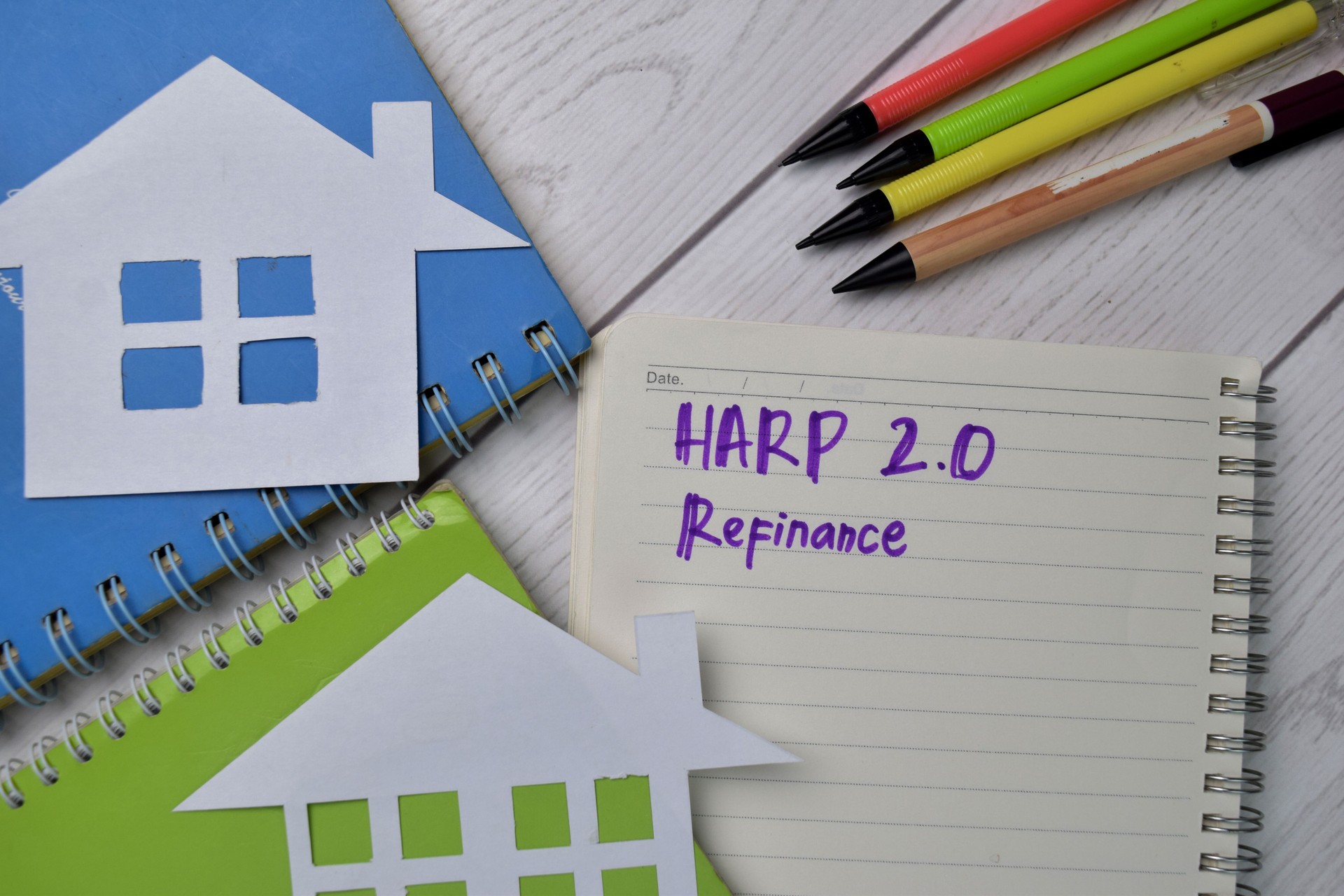 HARP 2.0 Refinance text write on a book isolated wooden table.