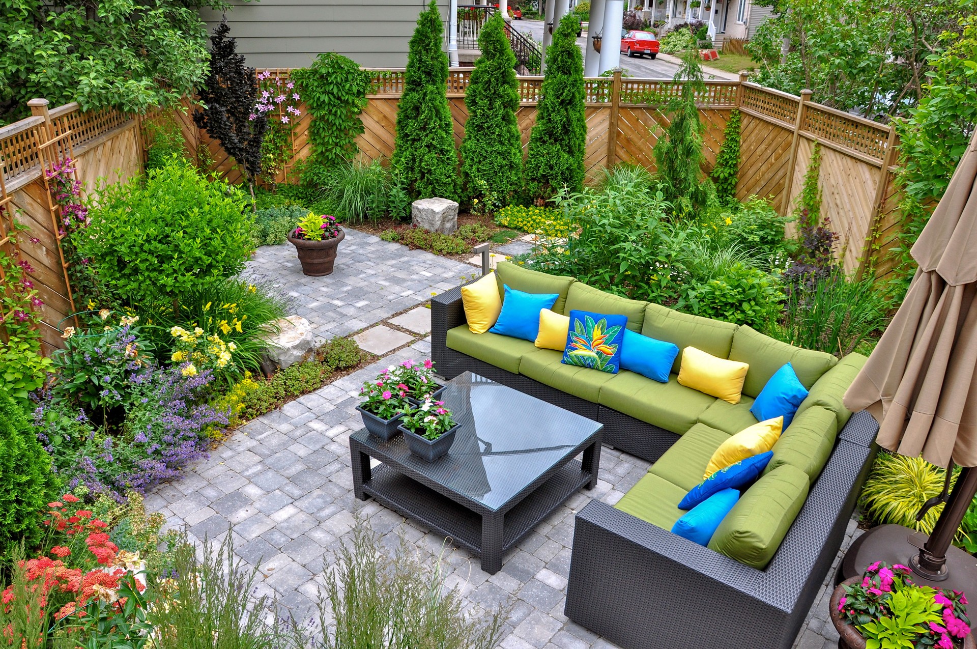 Small downtown Toronto urban back yard garden in summer.