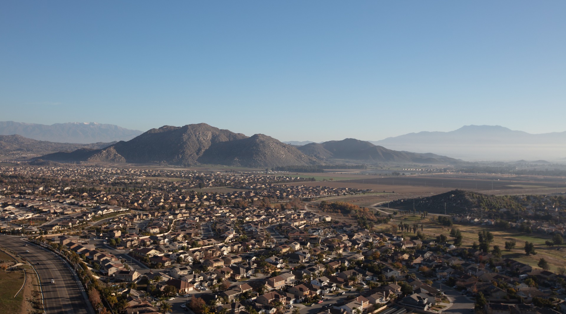 Morning daytime aerial view from hot air balloon of housing in Murrieta southern California United States